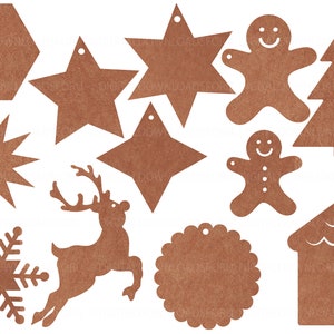 May include: Set of 12 brown paper Christmas gift tags with various shapes including a star, snowflake, reindeer, gingerbread man, and a house.