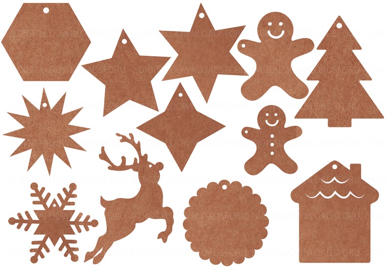 May include: Set of 12 brown paper Christmas gift tags with various shapes including a star, snowflake, reindeer, gingerbread man, and a house.