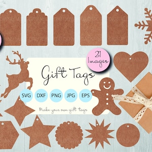 May include: A set of 21 printable gift tags in various shapes, including a star, a snowflake, a heart, a gingerbread man, a Christmas tree, a reindeer, and a house. The tags are brown and have a rustic look. The text "Gift Tags" is written in cursive on a white background. The text "Make your own gift tags" is written below the tags.