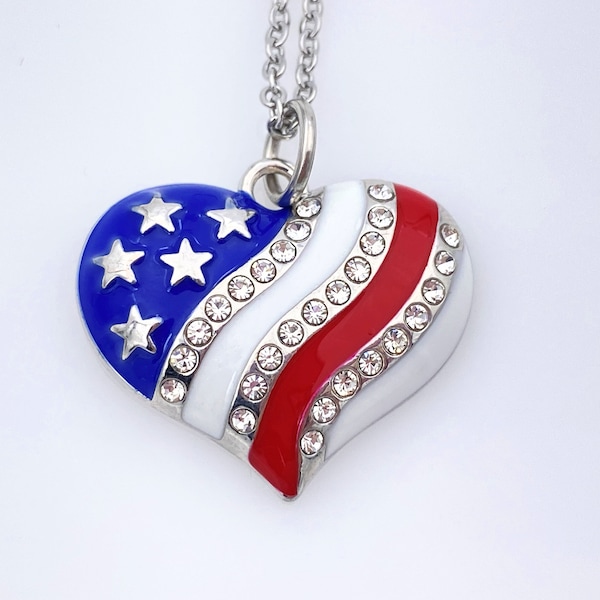 Patriotic Heart Necklace - Beautiful Stainless steel Red White and Blue