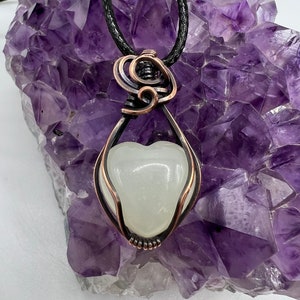 Jade Heart Wire Wrapped in Copper Pendant