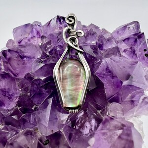 Coffin Shaped Mother of Pearl Wire Wrapped with Sterling Silver Pendant