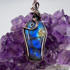 Coffin Shaped Labradorite Wire Wrapped with Copper Pendant