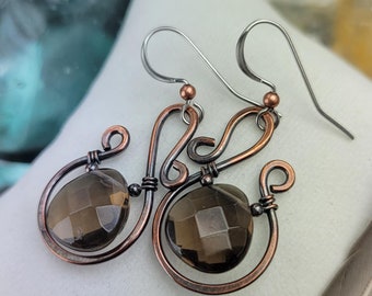 Smoky Quartz Rustic Copper Artisan Earrings | Fancy Wire Dangle Drop | Bohemian Gemstone