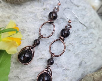 Smoky Quartz Rustic Copper Artisan Earrings | Fancy Wire Dangle Drop | Bohemian Gemstone