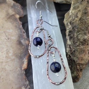 Sodalite Oval Hoop Gemstone Earrings with Rustic Oxidized Copper