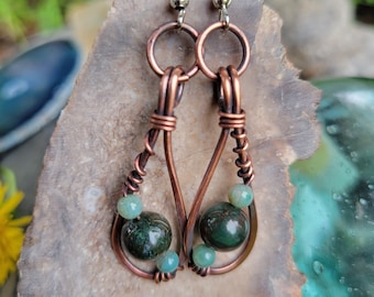 Wire Wrap Gemstone Earrings | Green Jasper Earrings | Antiqued Copper