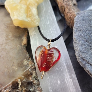 Red Heart Necklace, Red and Gold Glass Pendant
