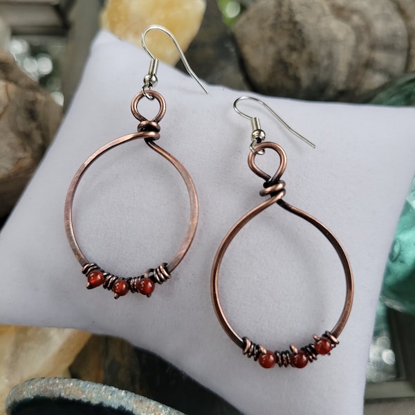 Carnelian Copper Hoop Earrings With Oxidized Rustic Patina