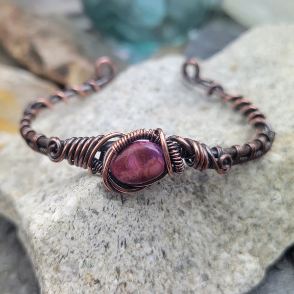 Pink Agate Bangle Bracelet | Rustic Oxidized Arm Band | Wire Wrapped Gemstone Copper Cuff