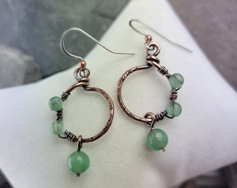 Aventurine Copper Dangle Earrings, Handmade Rustic Earrings, Copper Wire Earrings, Gemstone Wire Wrap, Textured Hoop Earrings