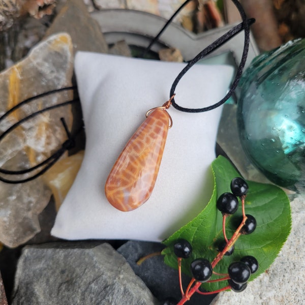 Fire Agate Necklace | Teardrop Gemstone Pendant | Adjustable Length Necklace