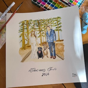 May include: Watercolor painting of a wedding scene with a bride, groom, and two dogs in a forest setting. The painting includes the names "John and Jess" and the year "2024". The artwork is signed "Tha ONCA".