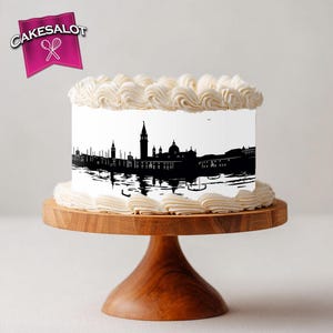 Venice Italy City Skyline Black and White Silhouette Edible Print Cake Wrap Icing Sheet Birthday Engagement travel cake topper party decor