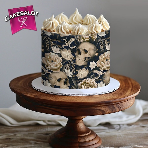 Gothic Skulls Flowers Pretty Edible Print Cake Wrap Black Icing Sheet | 18th 30th 40th 60th birthday cake topper idea A4