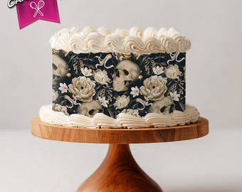 Gothic Skulls Flowers Edible Print Cake Wrap Black Icing Sheet | Gothic Skulls Cake Decoration Topper Birthday Wedding Anniversary Cake