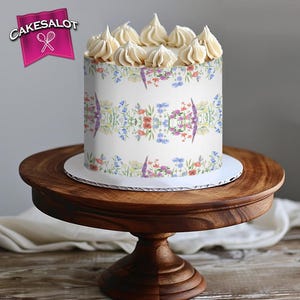 Pretty Floral Watercolour Wild Flowers Edible Print Cake Wrap Ribbon Icing Sheet Topper |  40th 50th Birthday Wedding Anniversary Cake