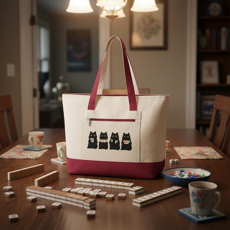 May include: A cream-colored tote bag with a burgundy base, handles, and pocket trim. The pocket features an embroidered design of four black cats. Mahjong tiles and game pieces are scattered on a wooden table, suggesting a game night.