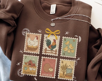 Huhn Sweatshirt, Vintage Bauernhof Stempel Sweatshirt, Huhn Liebhaber Geschenk, Bauernhaus Gemütliches Rundhalsausschnitt, Gehöft Gildan Pullover, Huhn Dame Geschenk