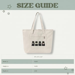 May include: Cream-colored tote bag with a front pocket and black cat graphic. The bag measures 18 inches wide, 14 inches high, and 4.5 inches deep. The text "SIZE GUIDE" is at the top.