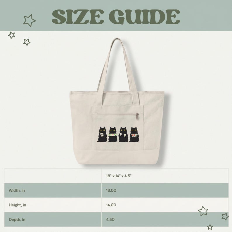 May include: Cream-colored tote bag with a front pocket and black cat graphic. The bag measures 18 inches wide, 14 inches high, and 4.5 inches deep. The text "SIZE GUIDE" is at the top.