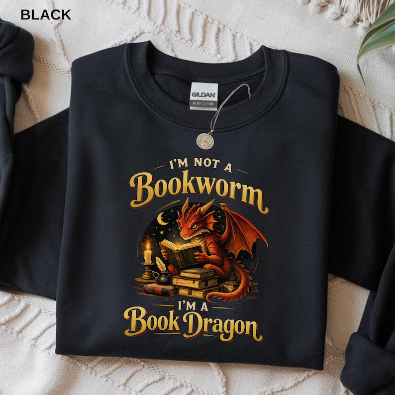 Book Dragon Shirt, Fantasy Bookworm Reader Sweatshirt, Book Lover Gift, Cozy Reading Booktok Tee Black