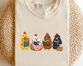 Reading Chicken Shirt, Funny Book Lover Tee, Chicken Mom Shirt, Cozy Reader Gift, Bookish Chicken Sweatshirt