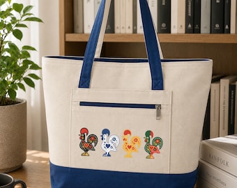 Portuguese Rooster Tote Bag, Galo de Barcelos Bag, Portugal Gift, Zipper Tote Bag, Portuguese Gift, Rooster Travel Tote