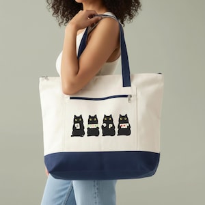 Mahjong Cat Tote Bag, Cute Black Cat Mahjong Zipper Canvas Tote, Game Night Bag, Cat Lover Gift, Mahjong Player Gift