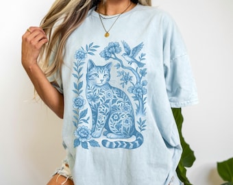 Whimsical Cat Shirt, Blue Floral Folk Art Style Bird Tee, Cottagecore Animal Chinoiserie T-Shirt, Vintage Botanical Cat Gift for Cat Lovers