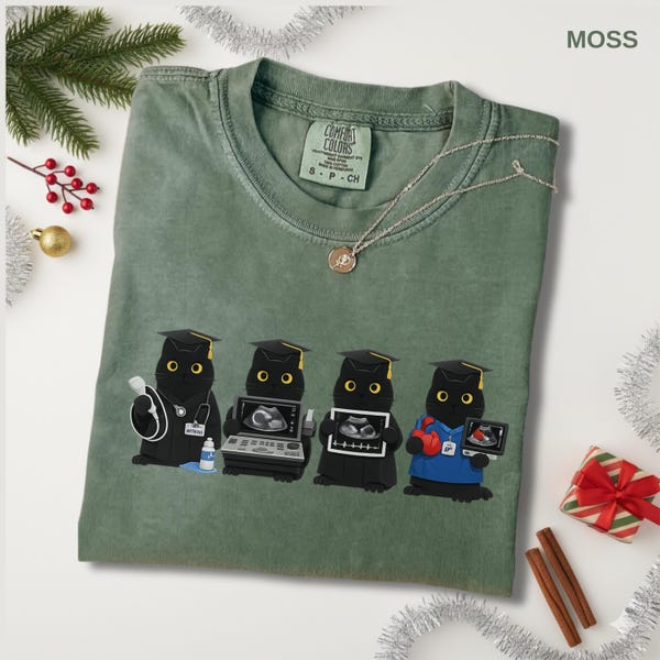 Camiseta de graduación de ecografía, camiseta de graduación de técnico en ultrasonido, camiseta de ecografista de gato negro, regalo de ecografía médica diagnóstica
