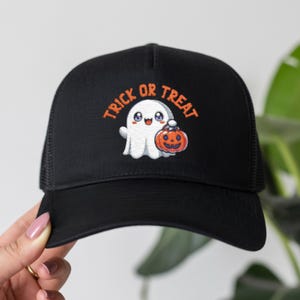 Trick or Treat Hat Embroidered Halloween Ghost Trucker Cap Cute Spooky Hat for Adults Fall Pumpkin Patch Hat Kawaii Halloween Gift Idea