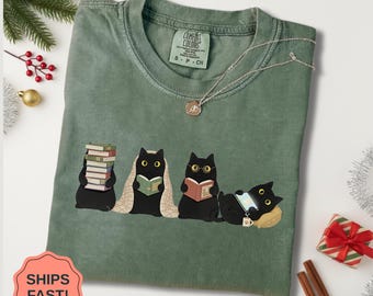 Black Cats Reading Shirt, Book Lover Cat Sweatshirt, Cozy Reader Gift For Her