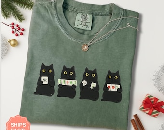 Mahjong Black Cat Shirt, Funny Board Game TShirt, Game Night Gift for Her, Women Mah Jongg Gift, Comfort Colors Mahj Club Tee