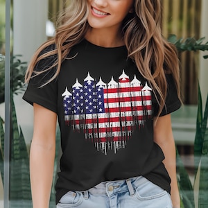 Patriotic Jet Flag Shirt, USA Air Force Grunge Heart Tee, 4th of July Military Pride T-Shirt, American Flag Plane Gift, Pride Memorial Day
