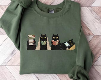 Black Cats Reading Shirt, Book Lover Cat Sweatshirt, Cozy Reader Gift For Her