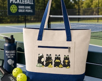 Black Cat Pickleball Tote Bag, Pickleball Bag, Cat Lover Tote, Zipper Tote Bag, Pickleball Gift, Cat Mom Sports Bag