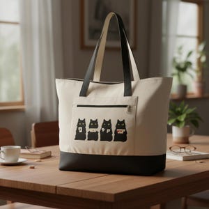 May include: Cream-colored tote bag with black accents and a black bottom. The bag features a front pocket with a zipper and a graphic of four black cats with various accessories. The handles are black.