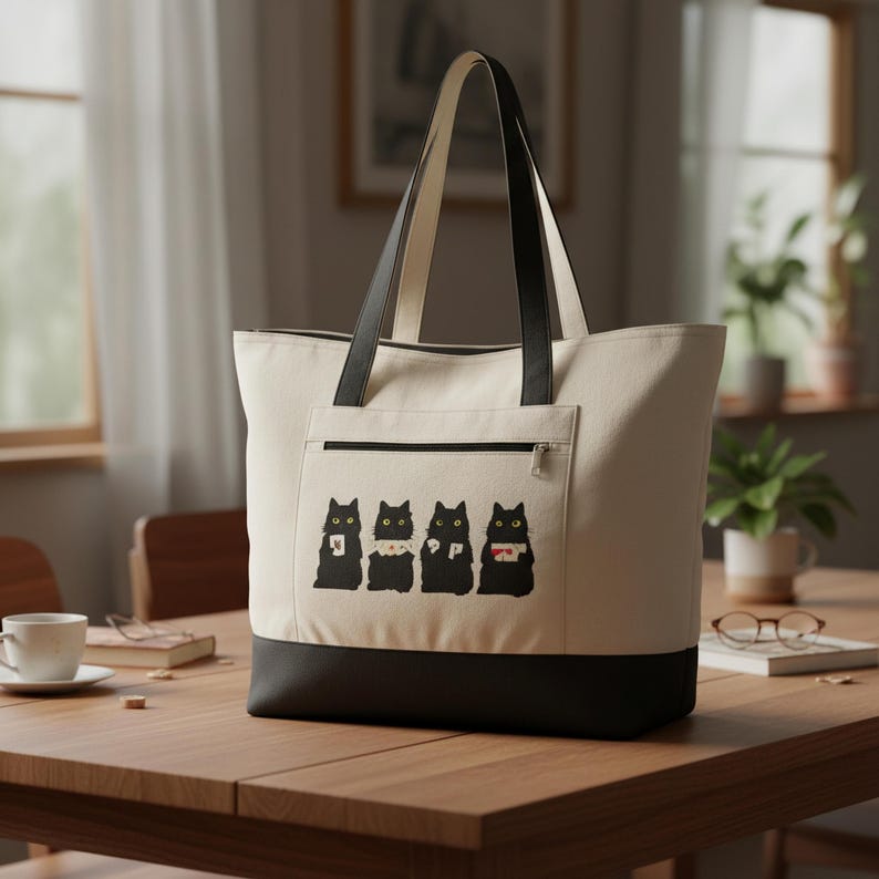 May include: Cream-colored tote bag with black accents and a black bottom. The bag features a front pocket with a zipper and a graphic of four black cats with various accessories. The handles are black.
