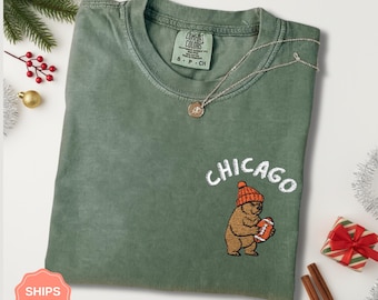 Embroidered Chicago Football Shirt, Game Day Bear T-Shirt, Football Fan Sports Gift, Unisex Comfort Colors Tee For Men, Women