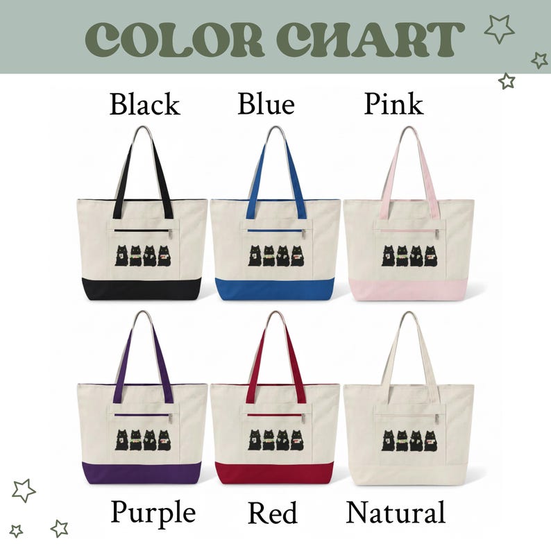 May include: Color chart featuring six canvas tote bags in various colors: black, blue, pink, purple, red, and natural. Each bag has a matching bottom and handles, with a small pocket and a black cat graphic.