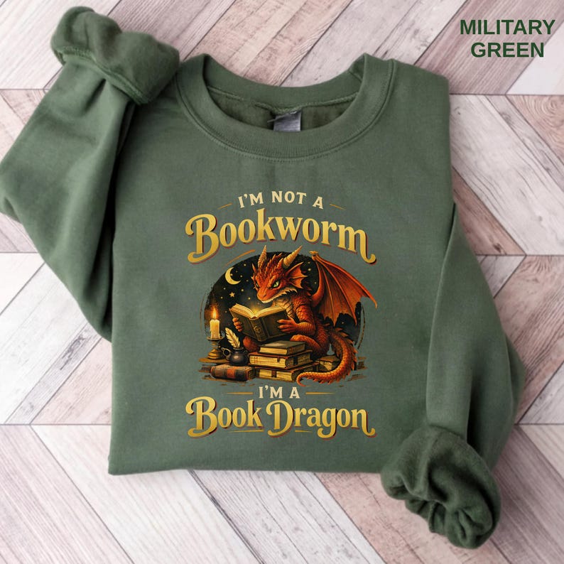 Book Dragon Shirt, Fantasy Bookworm Reader Sweatshirt, Book Lover Gift, Cozy Reading Booktok Tee Military Green