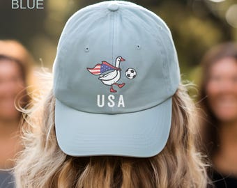 USA Soccer Goose Hat, Embroidered Patriotic Soccer Cap, Funny Goose Dad Hat, American Soccer Fan Gift, Womens Mens Sports Hat