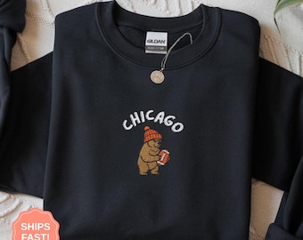 Embroidered Chicago Football Sweatshirt, Game Day Bear Crewneck, Football Fan Sports Gift, Unisex Sweater For Men, Women