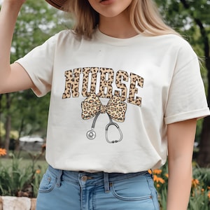 Leopard Print Nurse Shirt, Cute Stethoscope Bow T-Shirt, Nursing Gift for Women, Comfort Colors RN Tee, Cheetah Print Medical Worker Top