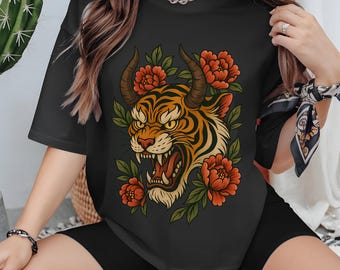 Floral Tiger Shirt, Horned Tiger Head Tattoo Style Tee, Bold Japanese-Inspired Tiger Graphic T-Shirt, Unisex Streetwear Gift, Animal Lover