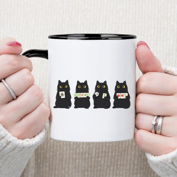 Mahjong Mug, Black Cats Mahjong Coffee Cup, Mah Jongg Player Lover Gift