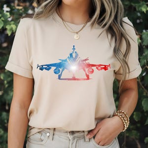 Patriotic Jet Fighter Shirt, Red White Blue Military Plane Tee, USA Air Force Gift, 4th of July Veteran T-Shirt, American Flag Aviation Jet