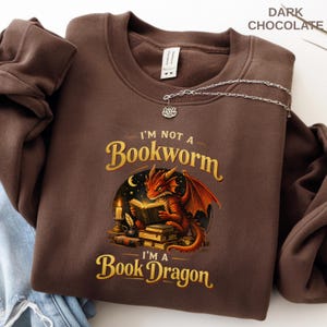 Book Dragon Shirt, Fantasy Bookworm Reader Sweatshirt, Book Lover Gift, Cozy Reading Booktok Tee Dark Chocolate