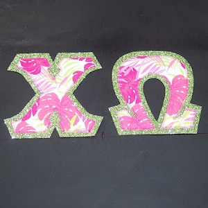 Chi Omega Shirt -- Tropical Leaves on Light Green Glitter